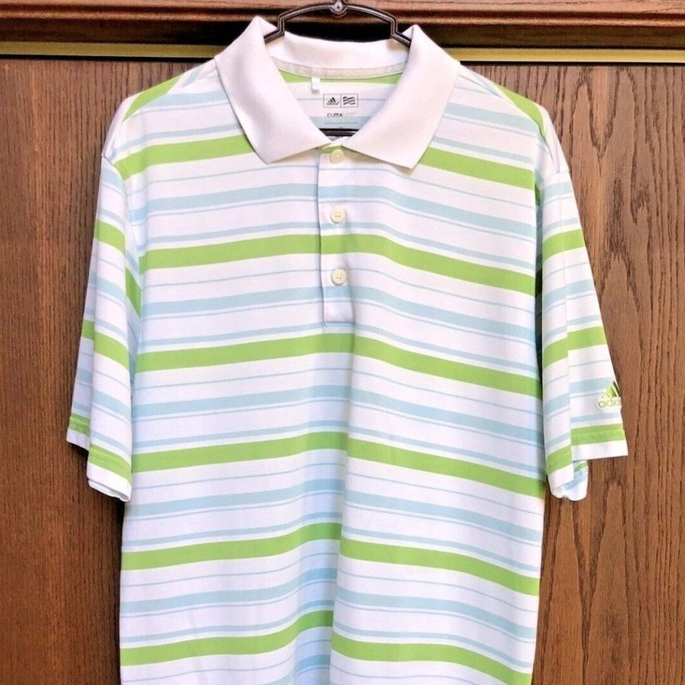 Adidas Climalite Men's Golf Polo Shirt Medium Green Blue White Stripes